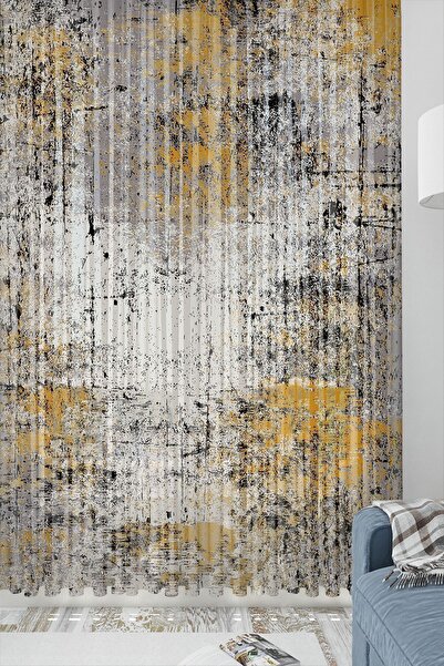 Else Halı Else Sarı Gri Suluboya Desenli Dekoratif Modern 3d Tül Fon Perde