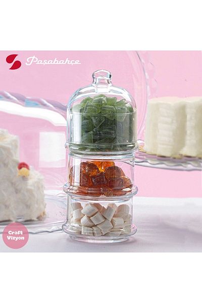 Paşabahçe Villa Patisserie 3-Tier Cookie Holder Presentation Glass Storage Container with Lid Small Size