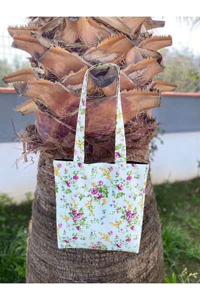 Handream Wildflowers Patterned Cloth Tote Shoulder Bag on Green Background