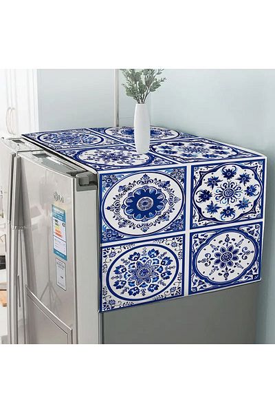 Else Halı 60x140cm Blue and White Tile Pattern Decorative Diffusion and Refrigerator Cover
