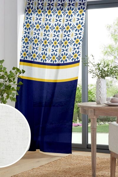 Else Dekor Декоративна тюлева штора з етнічним принтом - синьо-біло-жовта, 140x260 см