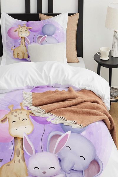 Else Dekor Single Colorful Balloon Animals Patterned Children's Bedding Set
