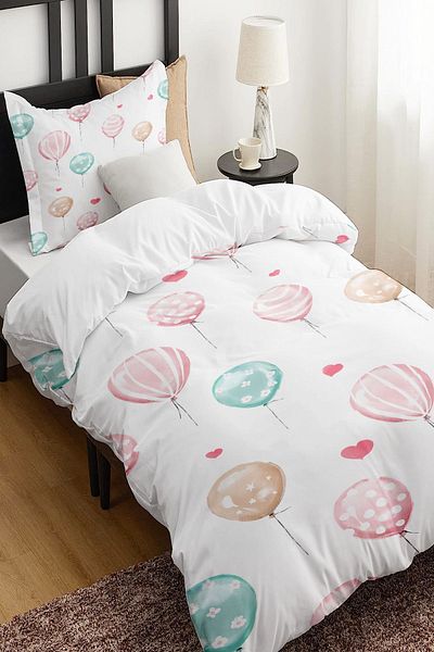 Else Dekor Pink Blue Balloons Patterned Single Children's Duvet Cover Set Without Sheets
