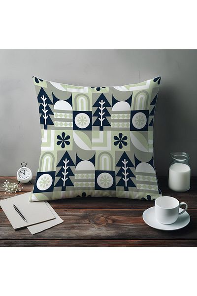 Else Halı 43x43cm Digital Printed Green Navy Blue Bleached Throw Pillow Cover - Double Sided Decorative