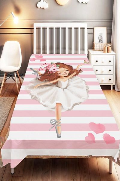 Else Dekor Single Pink and White Ballerina Patterned Children's and Baby's Room Decorative Bedspread