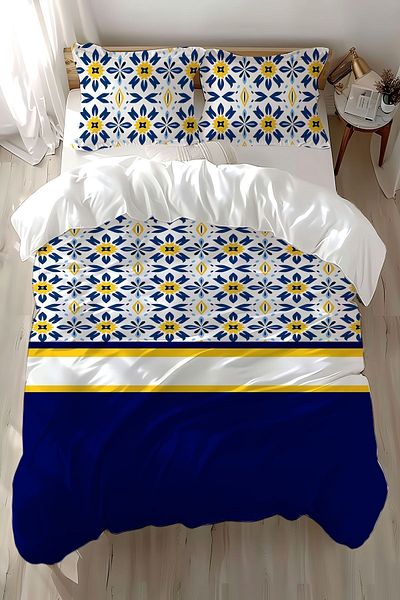 Else Dekor Set cuvertură dublă din satin de bumbac imprimat cu modele etnice - Albastru Alb Galben