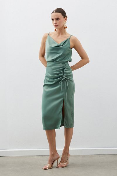 Sateen Satin Skirt with Shirring Detail - Khaki