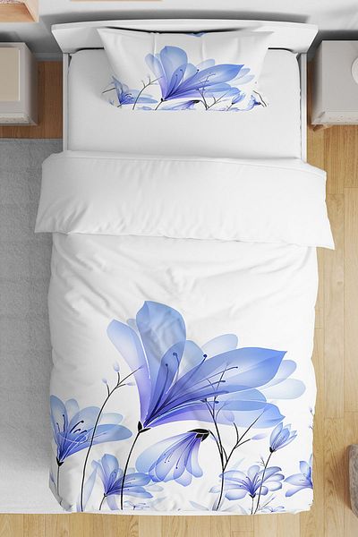 Else Dekor Set de husă de pilotă din satin de bumbac imprimat cu model floral albastru