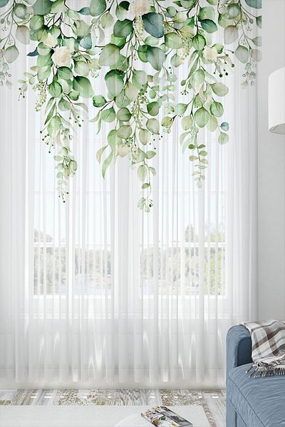 Else Halı Green Eucalyptus Ivy Pattern Printed Decorative Living Room Kitchen Tulle Curtain 140x260cm