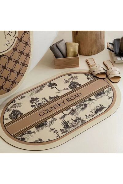 Else Halı Else Kahverengi Country Desenli Su Emici Duş Önü Banyo Paspası Klozet Oval Banyo Halısı tekatis