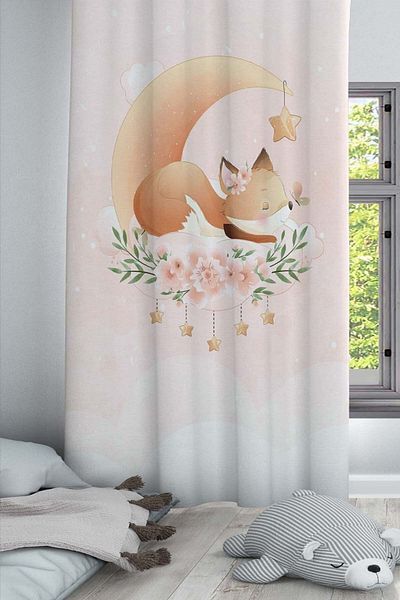 Else Dekor Moon Star Patterned Fox Decorative Children's and Baby's Room Background Curtain