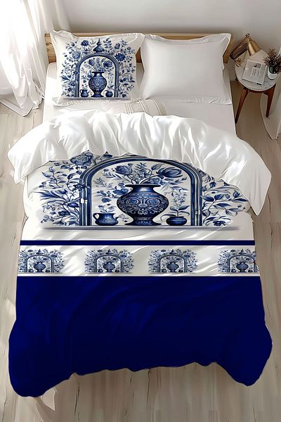 Else Dekor Vintage Patterned Printed Cotton Satin Children's Bedding Set - Blue and White Vase, Single