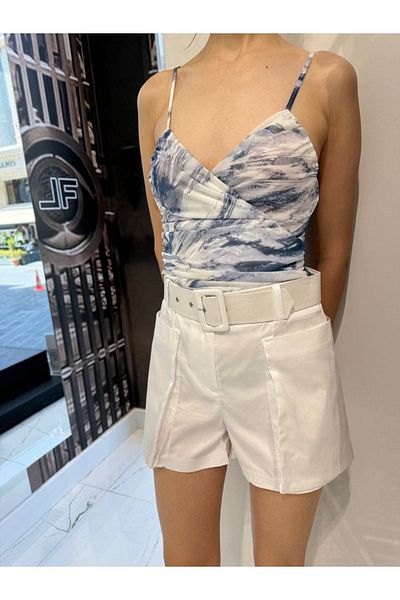 Lefon White Patterned Women's Bodysuit and Shorts Set