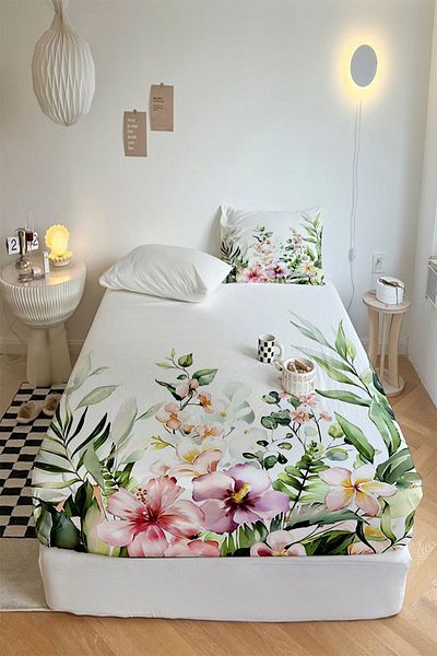Else Halı Colorful Flowers Printed Patterned Elastic Single Pillowed Elastic Sheet Set 90x190cm