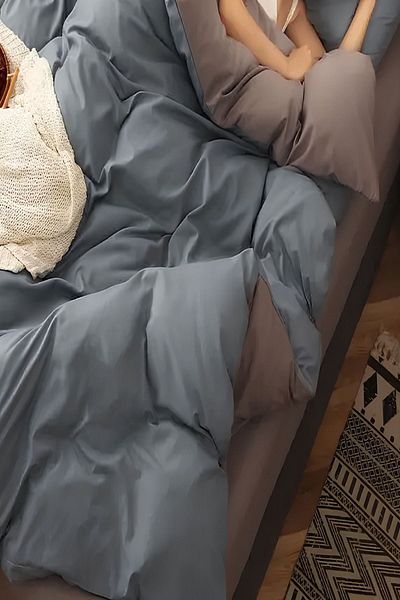 Else Dekor Set cuvertură dublă dublu din satin de bumbac, culoare uni, albastru, gri