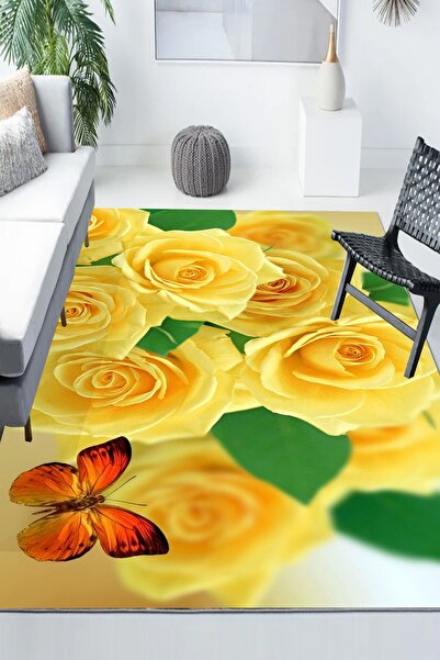 Else Halı Sarı Güller Kelebekler Desenli Modern Kaymaz Yıkanabilir Mutfak Sal...