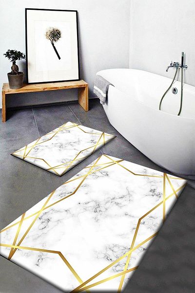 Else Halı Else Grey White Yellow Line Marble που πλένεται αντιολισθητικό πατάκι μπάνιου 2 τεμαχίων Σετ καθίσματος τουαλέτας Μοκέτα Dts-30