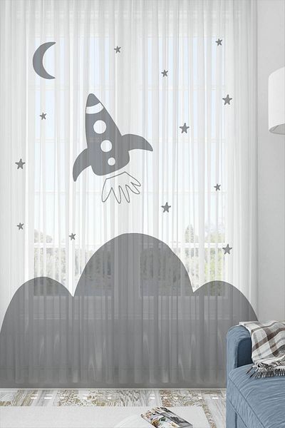 Else Dekor Gray White Space Missile Scandinavian Patterned Decorative Children Baby Tulle Backdrop Curtain