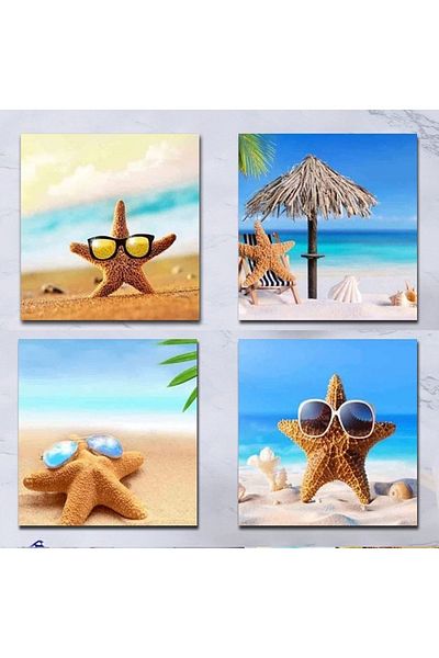 Else Dekor Else Starfish Summer Patterned 4-Piece Coffee Tea Coasters Set Washable Non-Slip