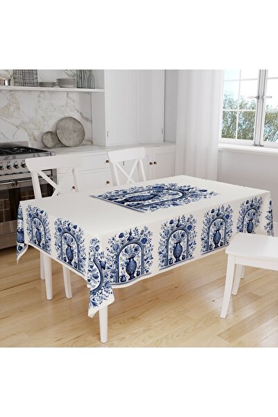 Else Dekor Синьо-біла ваза з вінтажним візерунком, цифровий принт, ефект льону, не залишає плям, бездоганна тканина, скатертина