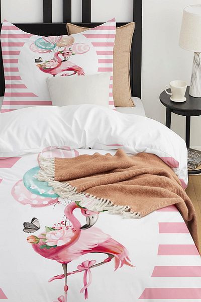 Else Dekor Pink and White Filamingo Patterned Single Children's Duvet Cover Set Without Sheets
