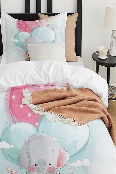 Else Dekor Single Elephant Fox Patterned Children's Duvet Cover Set - Without Sheets