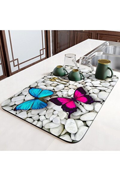 Else Halı Else Mavi Pembe Kelebekli Tezgah Üstü Bulasik Kurutma Matı Kaymaz K...