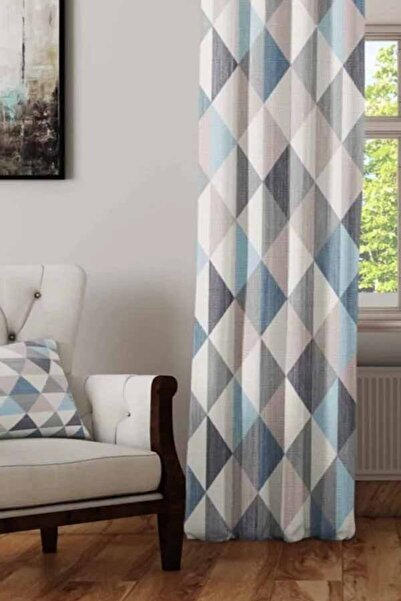 Else Halı Gri Mavi Üçgenler Geometrik Desenli Baskılı Fon Perde