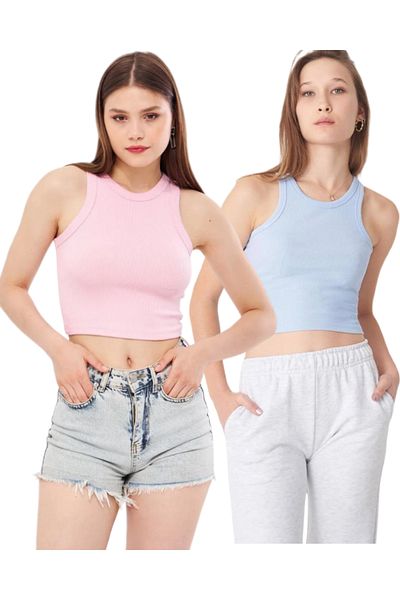 POLYMOOD Pack of 2 Fitted Pink-Blue Body Fitted Crop Basic Collar Ribbed Flexible Knitted Undershirt