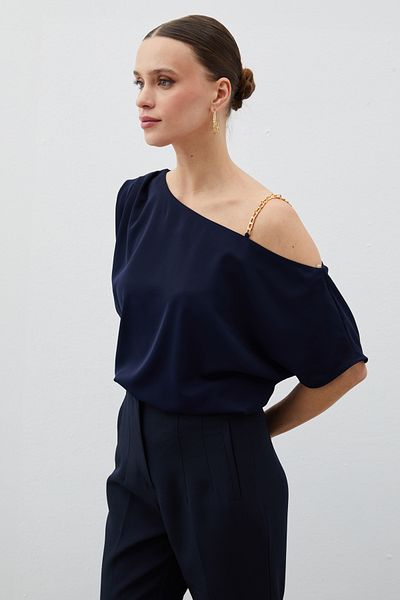 Sateen Navy Blue Casual Off-Shoulder Blouse