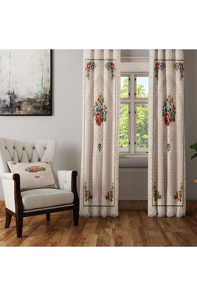 Else Dekor Cream Red Rose Floral Oriental Authentic Anatolian Ottoman Patterned Background Curtain Kil37