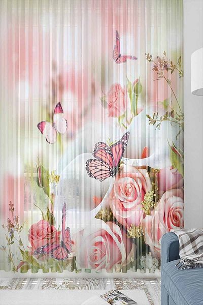 Else Dekor Decorative Modern 3D Tulle Background Curtain with Pink Rose and Floral Pattern