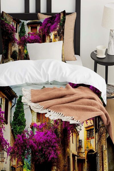 Else Dekor Дитячий комплект постільної білизни з бавовняного сатину з малюнком фіолетового дерева - з принтом вулиці Алатача