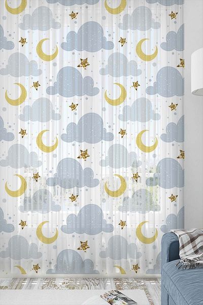 Else Dekor Gray Cloudy Yellow Star Moon Patterned Decorative Children Baby Tulle Backdrop Curtain