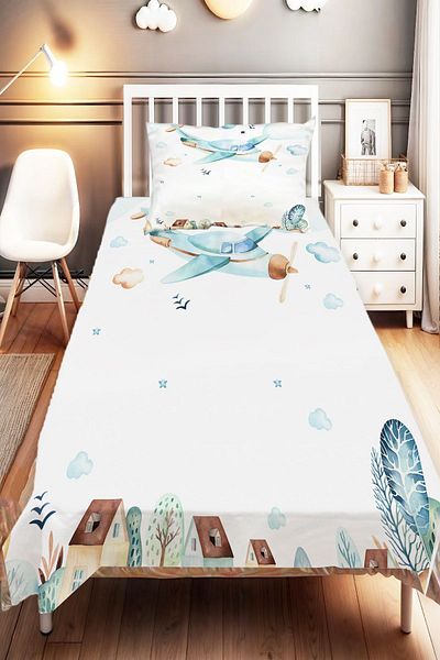 Else Dekor Single Blue Airplane City Patterned Children and Baby Bedspread