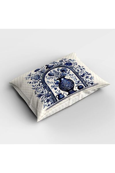 Else Dekor Double Vintage Pique Set - Blue and White Vase, Patterned Printed Bedspread