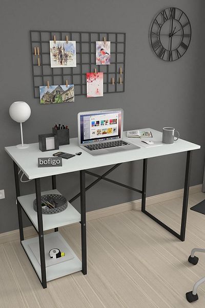 Bofigo 60*120 Cm 2 Shelves Metal Study Desk Computer Desk Office Dinner Table White