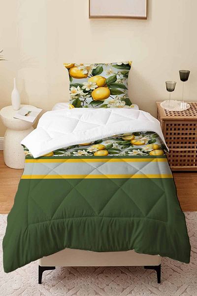Else Halı Single Green Lemon Patterned Microfiber Quilted Children's Sleeping Set