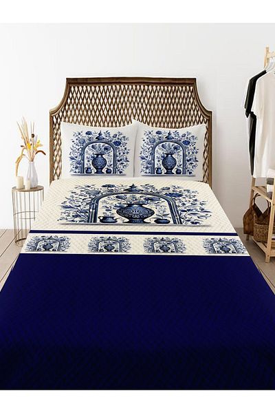 Else Dekor Double Vintage Pique Set - Blue and White Vase, Patterned Printed Bedspread