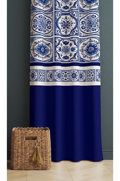 Else Dekor 140x260 cm Μπλε και άσπρο πλακάκι Κουρτίνα φόντου κουζίνας σαλονιού - με κάλυμμα μαξιλαριού