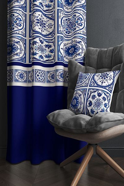 Else Dekor 140x260 cm Μπλε και άσπρο πλακάκι Κουρτίνα φόντου κουζίνας σαλονιού - με κάλυμμα μαξιλαριού