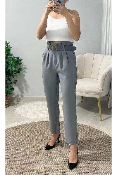 PatutA ButiK Gri Kemerli Beli Pilili Pantolon
