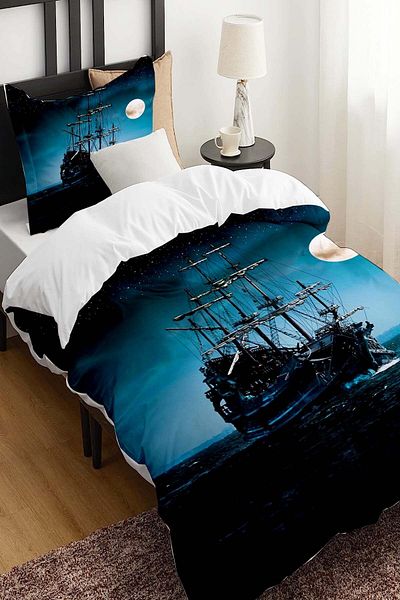 Else Dekor Set de lenjerie de pat pentru copii din satin de bumbac imprimat cu model de navă marină, single