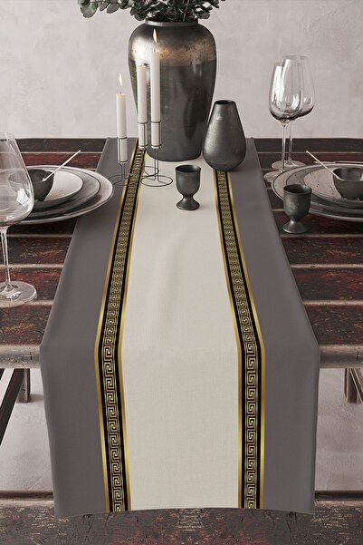 Else Halı Gri Kilit Desenli Dokuma Leke Tutmaz Yıkanabilir Dekoratif Masa Ört...