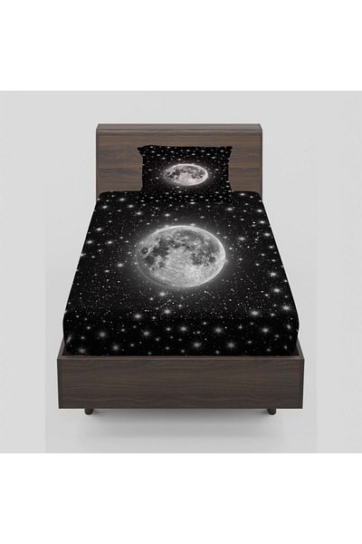 Else Halı Else White Moon Stars Galaxy 3D Patterned Elastic Single Bed Sheet Set 90x190cm