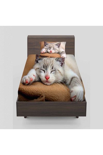 Else Halı Else Cute Sleeping Cat 3D Patterned Elastic Single Bed Sheet Set 90x190cm