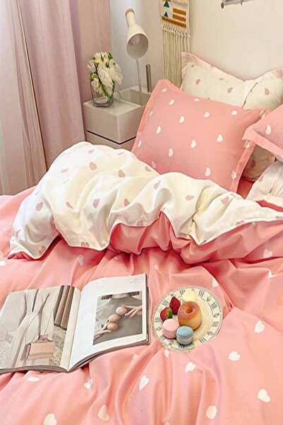 Else Halı Pembe Kalpli Çift Taraflı Pamuk Saten Tek Kişilik Nevresim Takımı