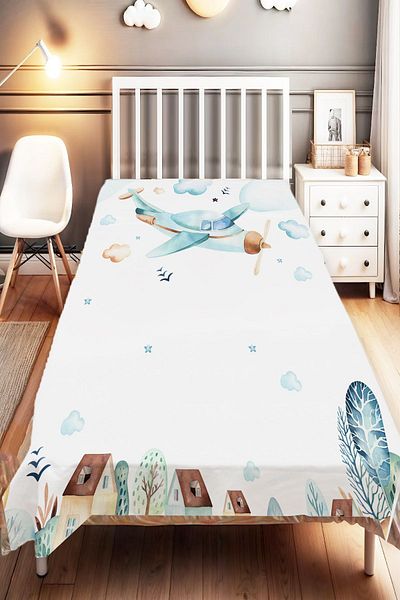 Else Dekor Single Blue Airplane City Patterned Children and Baby Bedspread