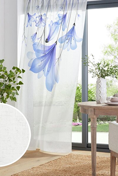Else Dekor Blue Flowers Pattern Printed Decorative Living Room Kitchen Tulle Curtain 140x260cm