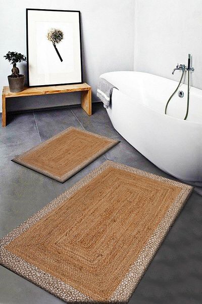 Else Dekor Coffee Wicker Look Pattern Πλένεται αντιολισθητικό πατάκι μπάνιου Σετ 2 καθισμάτων τουαλέτας Dts-32